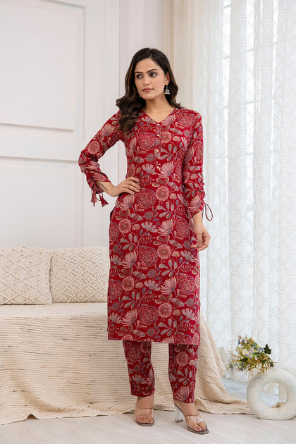 Maroon Printed Straight Kurta Trouser Set main image 0