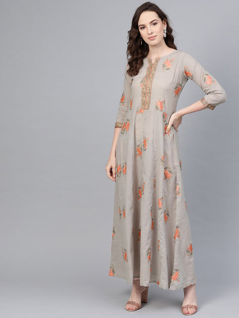 Peach Stripped  Midi Dress With Round Neck With V & 3/4 Sleeves