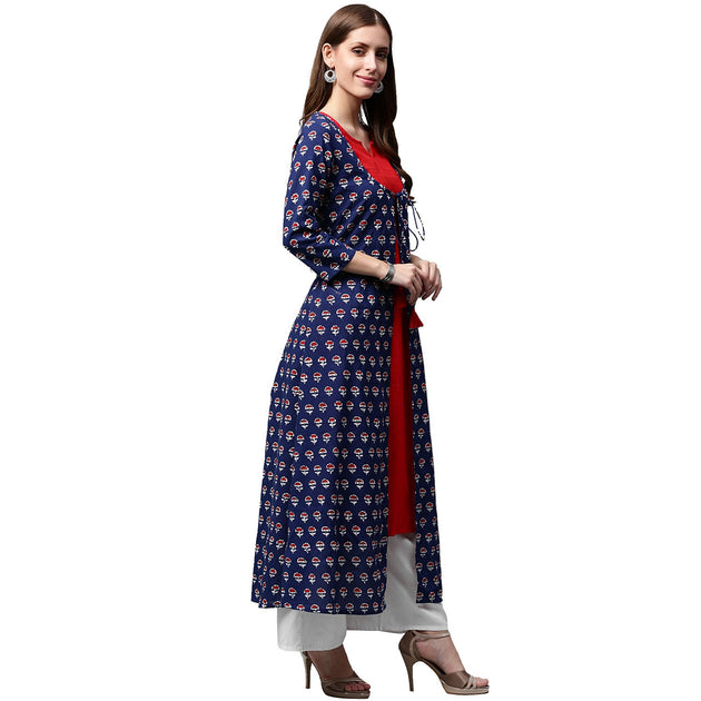 Women Blue Printed 3/4Th Sleeve Cotton Kurta main image 0