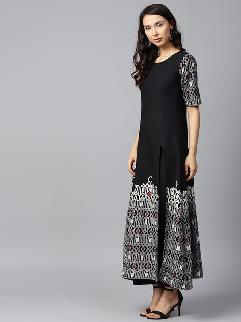 Women Black Printed Full Sleeve Cotton A-Line Kurta