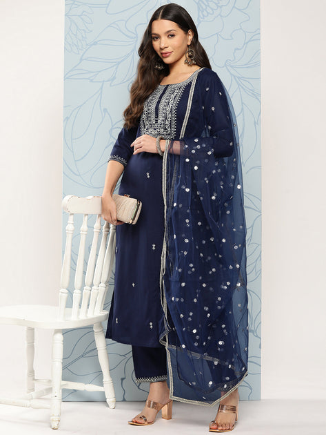 Navy Cotton Kurta Pallazo Set with Resham Weaving & Striped Dupatta main image 1