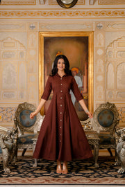 Women Chocolate Brown Maxi Dress with Shirt Collar & 3/4 sleeves