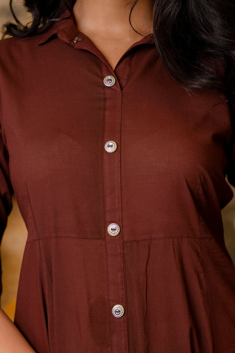 Women Chocolate Brown Maxi Dress with Shirt Collar & 3/4 sleeves Nayo Clothing Women Chocolate Brown Maxi Dress with Shirt Collar & 3/4 sleeves Nayo Clothing