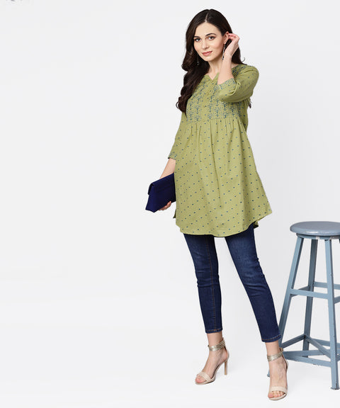 Women Green printed 3/4th sleeve cotton tunic