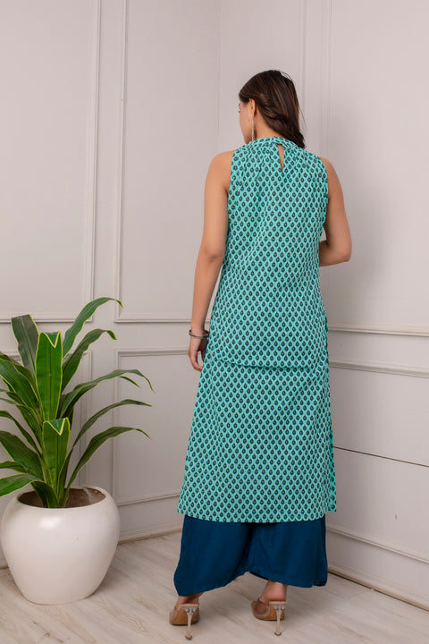 NUIndian Green Bel Printed Square Neck Sleeveless Cotton Long Kurta