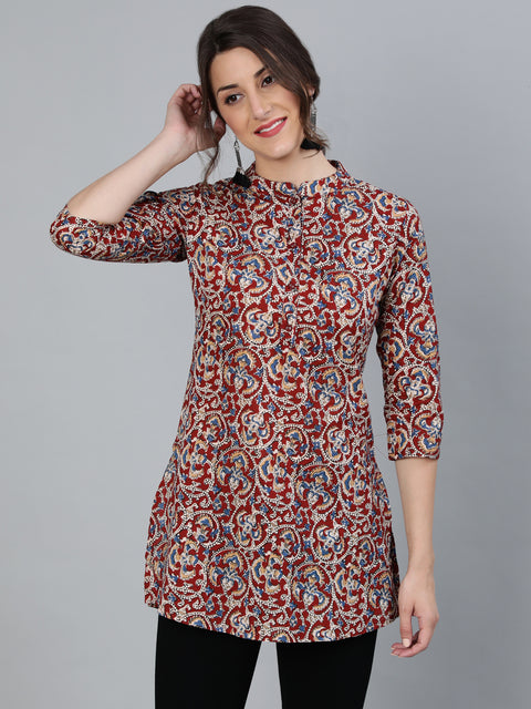 Women Maroon Printed Tunic With Mandarin Collar & Three Quarter Sleeves