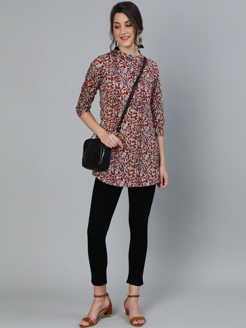 Women Maroon Printed Tunic With Mandarin Collar & Three Quarter Sleeves