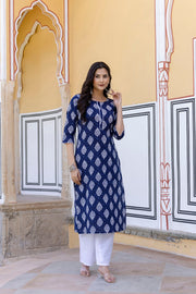 Women Navy Blue Ethnic Printed Straight Kurta with Lace Details