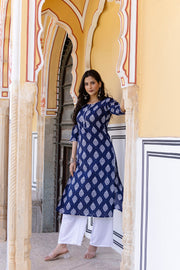 Women Navy Blue Ethnic Printed Straight Kurta with Lace Details