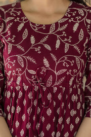 Women Burgundy Ethnic Printed Flared Dress With Three Quarter Sleevs