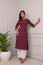 Women Burgundy Ethnic Printed Straight Kurta with Three Quarter Sleeves