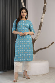 Women Blue Ethnic Printed Straight Kurta with Three Quarter Sleeves