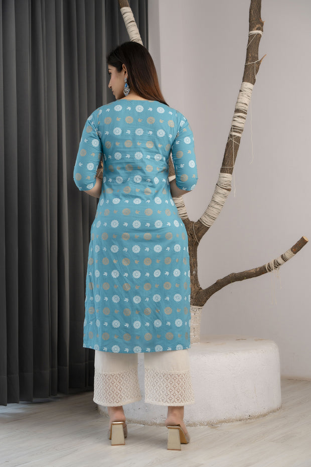 Women Blue Ethnic Printed Straight Kurta with Three Quarter Sleeves