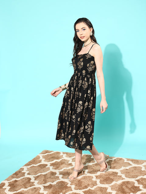 Women Black Ethnic Printed Shoulder Strap Dress