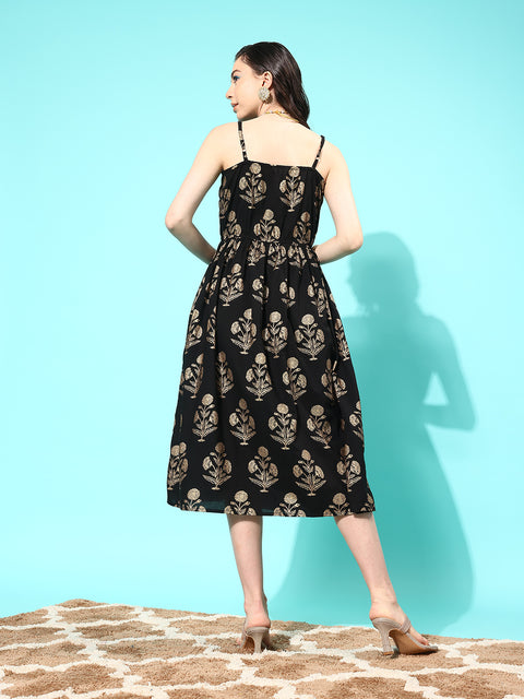 Women Black Ethnic Printed Shoulder Strap Dress