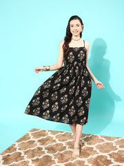 Women Black Ethnic Printed Shoulder Strap Dress