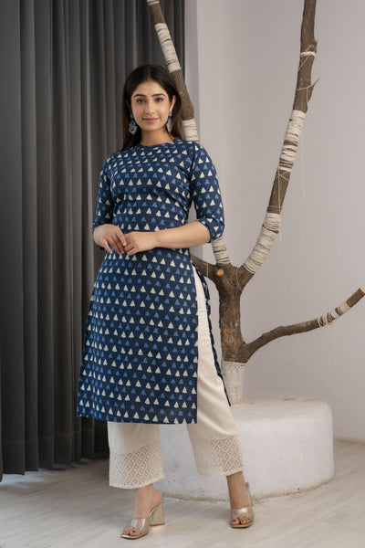 Women Blue Ethnic Printed Straight Kurta with Three Quarter Sleeves