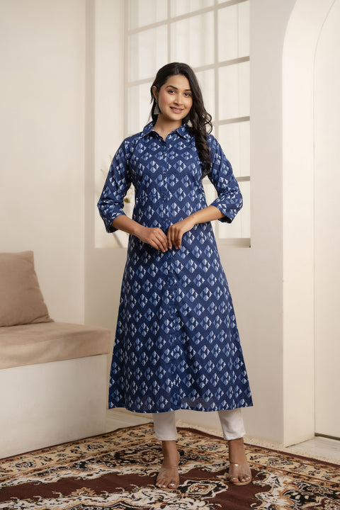 Women Blue Geometric Printed Straight Kurta With Three Quarter Sleeves