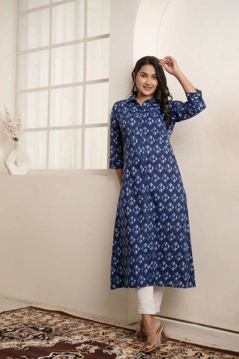 Women Blue Geometric Printed Straight Kurta With Three Quarter Sleeves