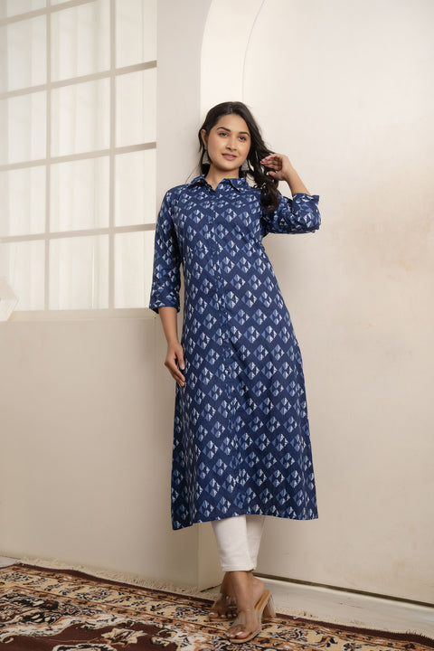 Women Blue Geometric Printed Straight Kurta With Three Quarter Sleeves