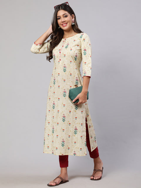 Women Yellow Printed straight Kurta With three qurter sleeves