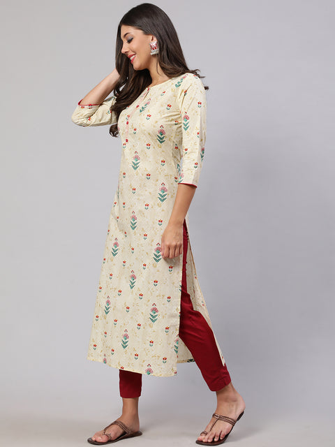 Women Yellow Printed straight Kurta With three qurter sleeves