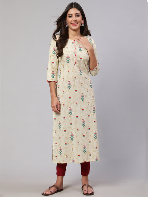 Women Yellow Printed straight Kurta With three qurter sleeves