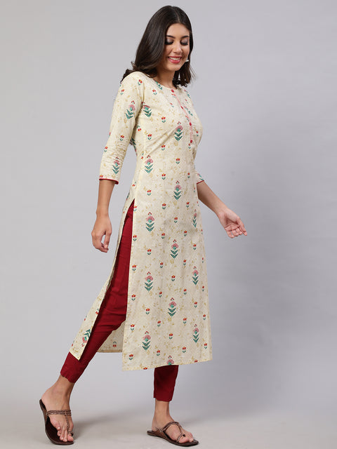 Women Yellow Printed straight Kurta With three qurter sleeves