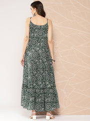 Wome Green Printed Tiered Dress With Shoulder Straps