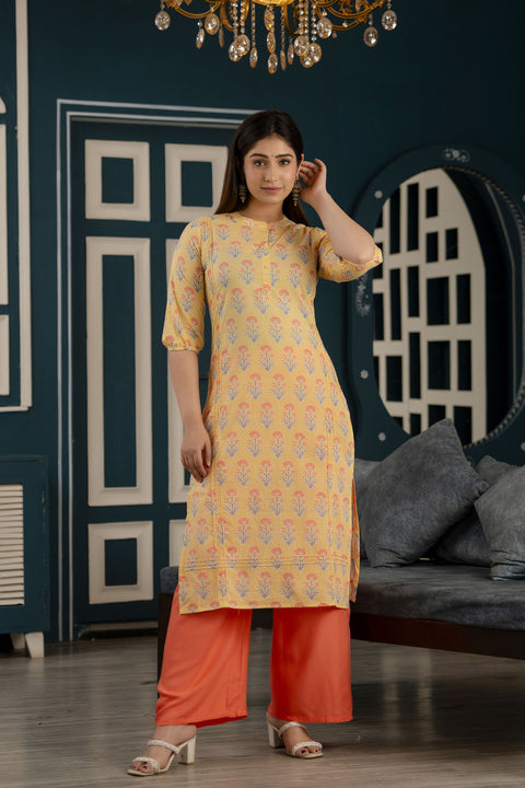 Women Yellow Straight Kurta With Three Quarter Sleeves