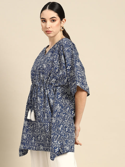 Navy Blue & White Printed Ethnic Tunic Kaftan