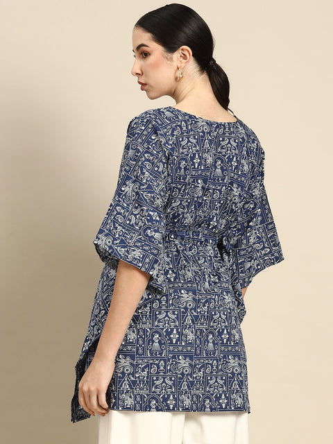 Navy Blue & White Printed Ethnic Tunic Kaftan