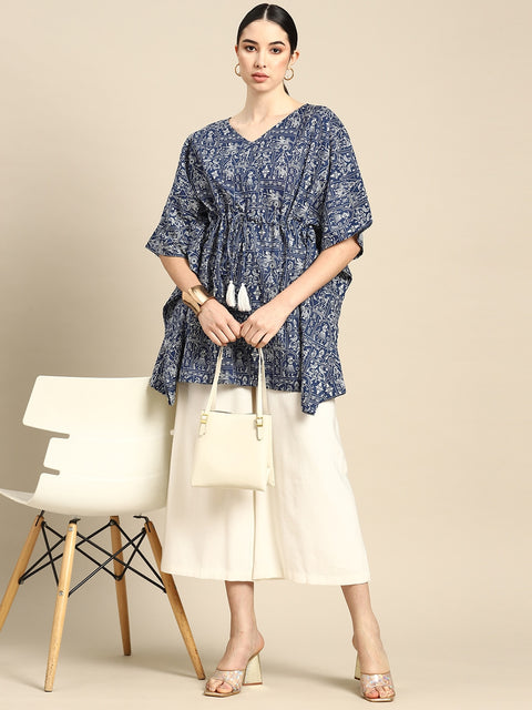 Navy Blue & White Printed Ethnic Tunic Kaftan