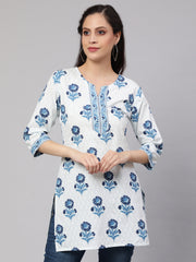 Women Off White Printed Straight Tunic With Three Quarter Sleeves