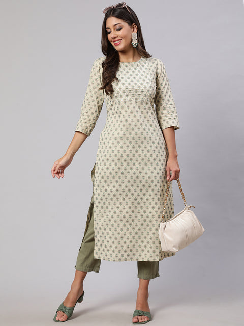 Women Cream Printed Straight Kurta With Three Quarter Sleeves