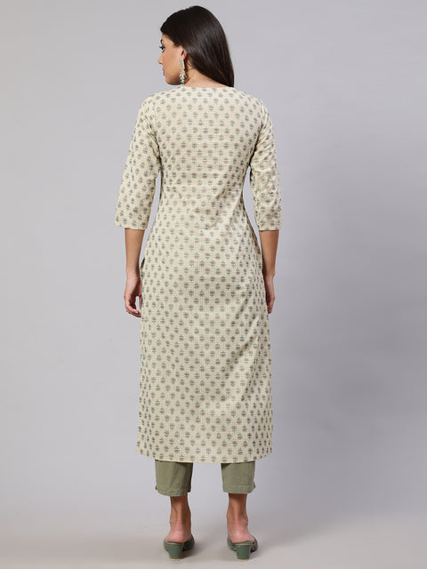 Women Cream Printed Straight Kurta With Three Quarter Sleeves