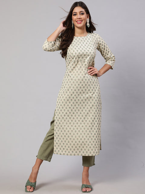 Women Cream Printed Straight Kurta With Three Quarter Sleeves