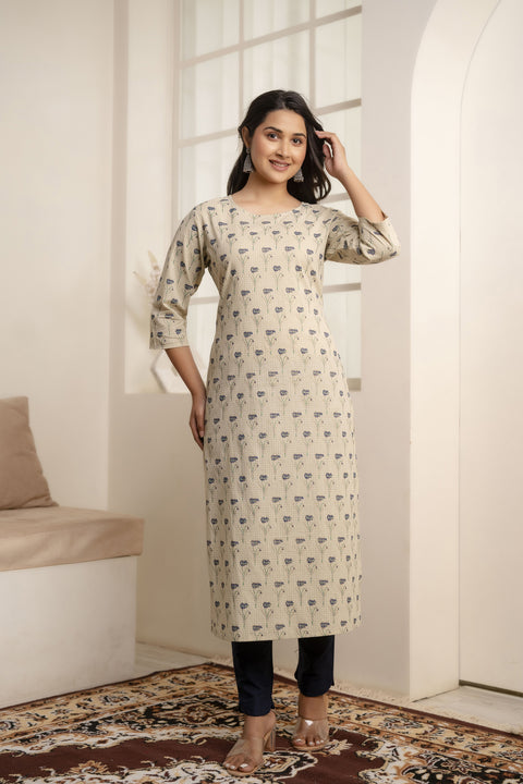 Women Cream Printed Straight Kurta With Three Quarter Sleeves