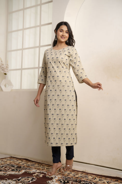 Women Cream Printed Straight Kurta With Three Quarter Sleeves