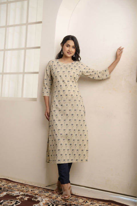 Women Cream Printed Straight Kurta With Three Quarter Sleeves