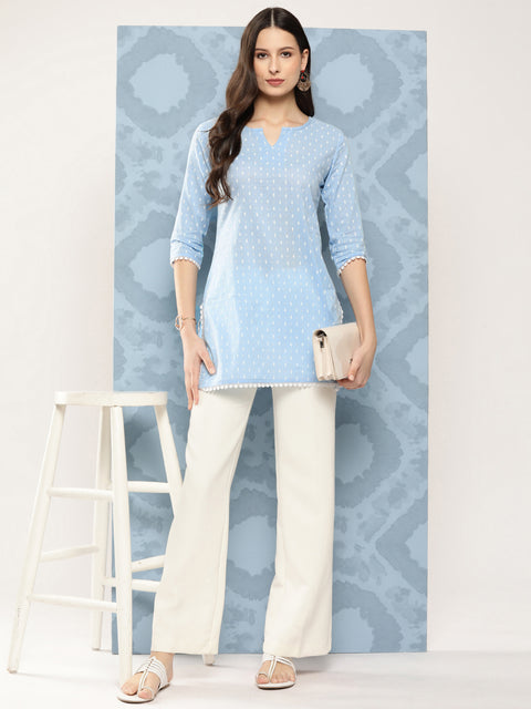 Women Blue Straight Tunic With Three Quaretr Sleeves