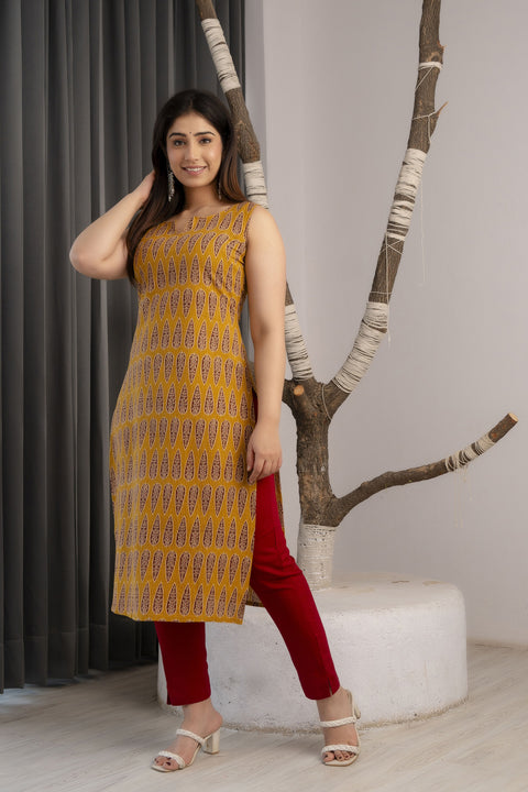 Women Mustrad Printed Straight Sleeveless Kurta