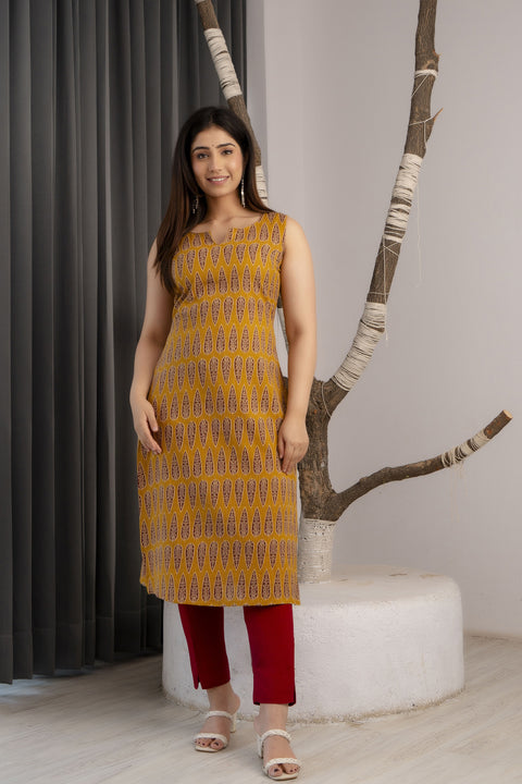 Women Mustrad Printed Straight Sleeveless Kurta