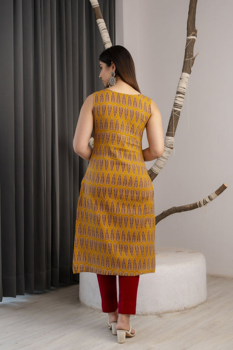 Women Mustrad Printed Straight Sleeveless Kurta