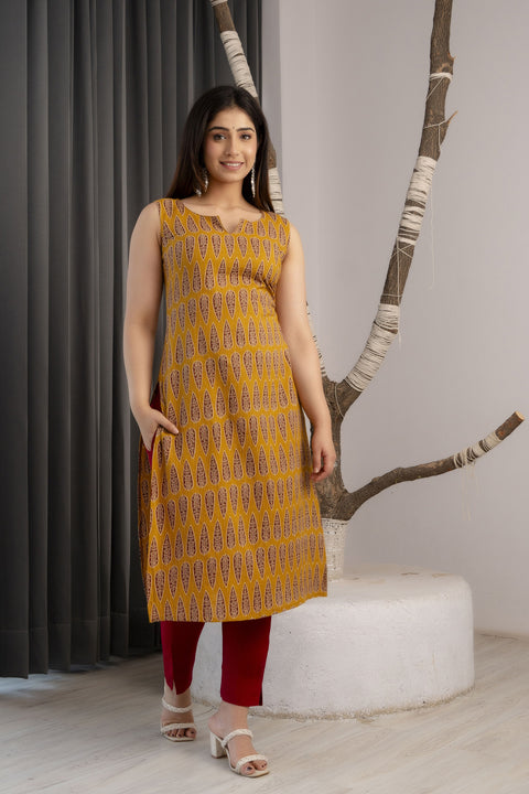 Women Mustrad Printed Straight Sleeveless Kurta