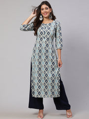 Women Blue Ethnic Printed Straight Kurta With Three Quarter Sleeves