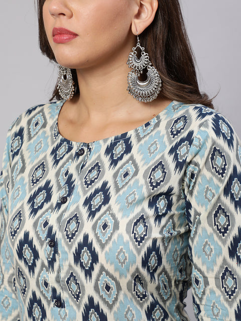 Women Blue Ethnic Printed Straight Kurta With Three Quarter Sleeves