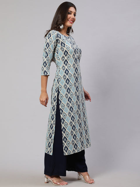 Women Blue Ethnic Printed Straight Kurta With Three Quarter Sleeves