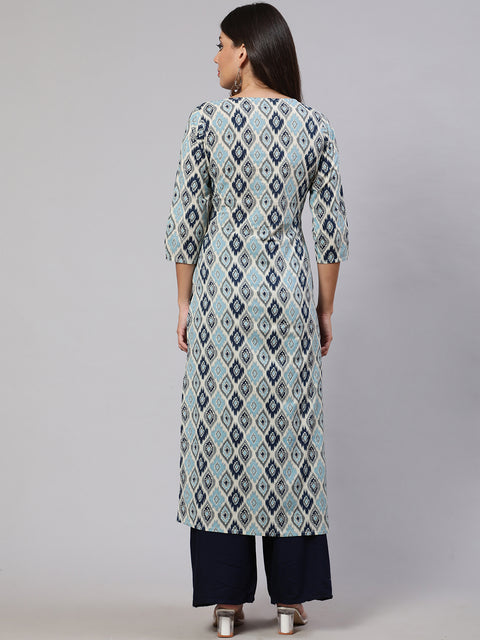 Women Blue Ethnic Printed Straight Kurta With Three Quarter Sleeves