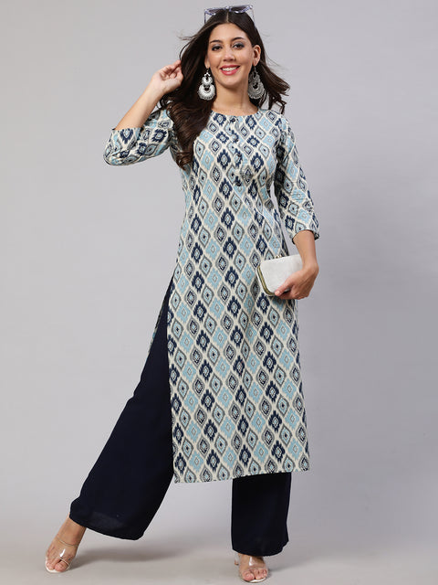 Women Blue Ethnic Printed Straight Kurta With Three Quarter Sleeves